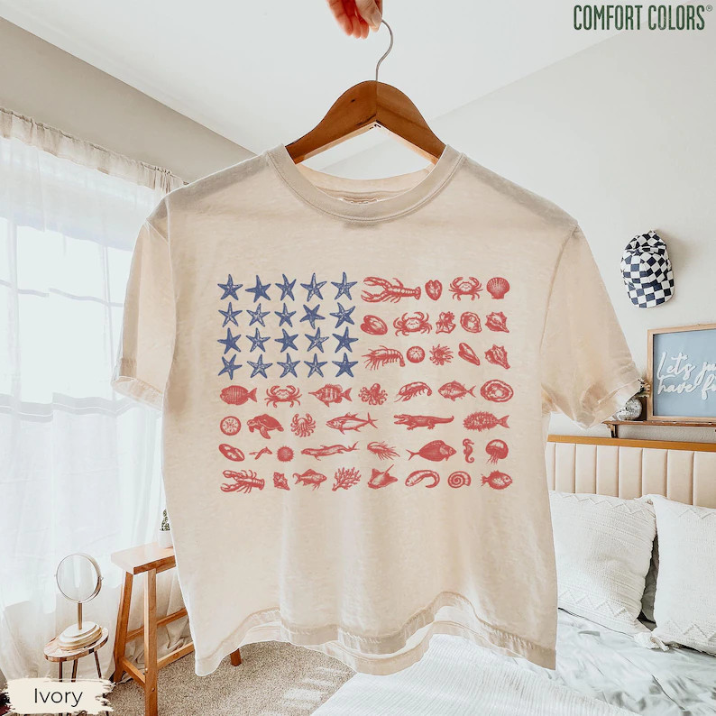 Boxy Cropped Comfort Colors Seashell USA Flag Shirt, 250th Anniversary 4th of July Tee,Coastal Pa... | Etsy (Global)