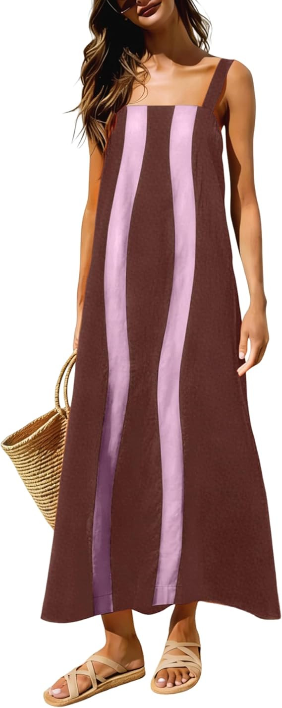 Ailoqing 2026 Women Boho Floral Dress Summer Casual Color Block Maxi Beach Vocation Overall Dress... | Amazon (US)