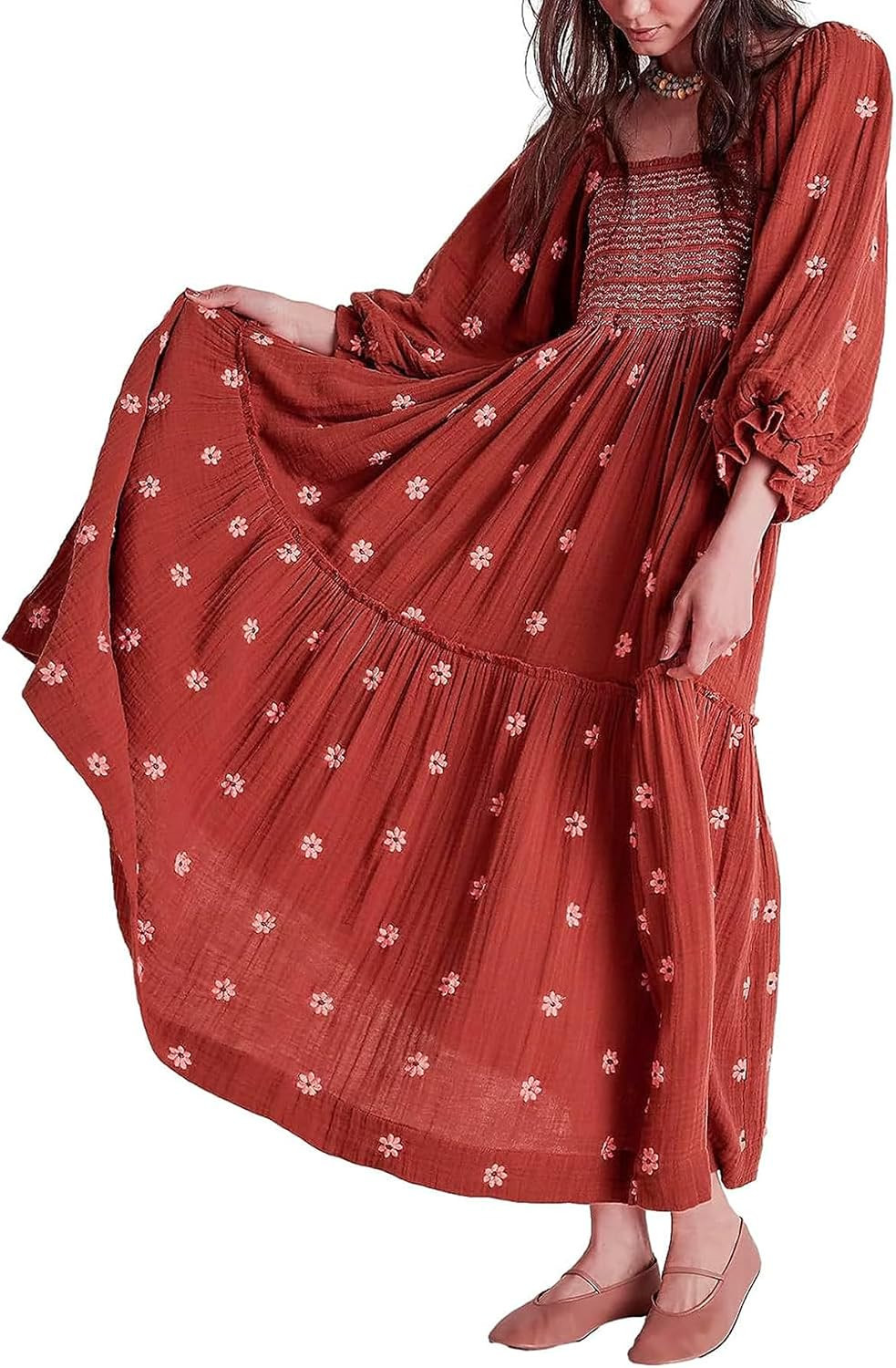 Willow Dance Women Casual Bohemian Floral Dress Square Neck Ruffle Swing A Line Long Sleeve Beach Maxi Dress with Pockets | Amazon (US)