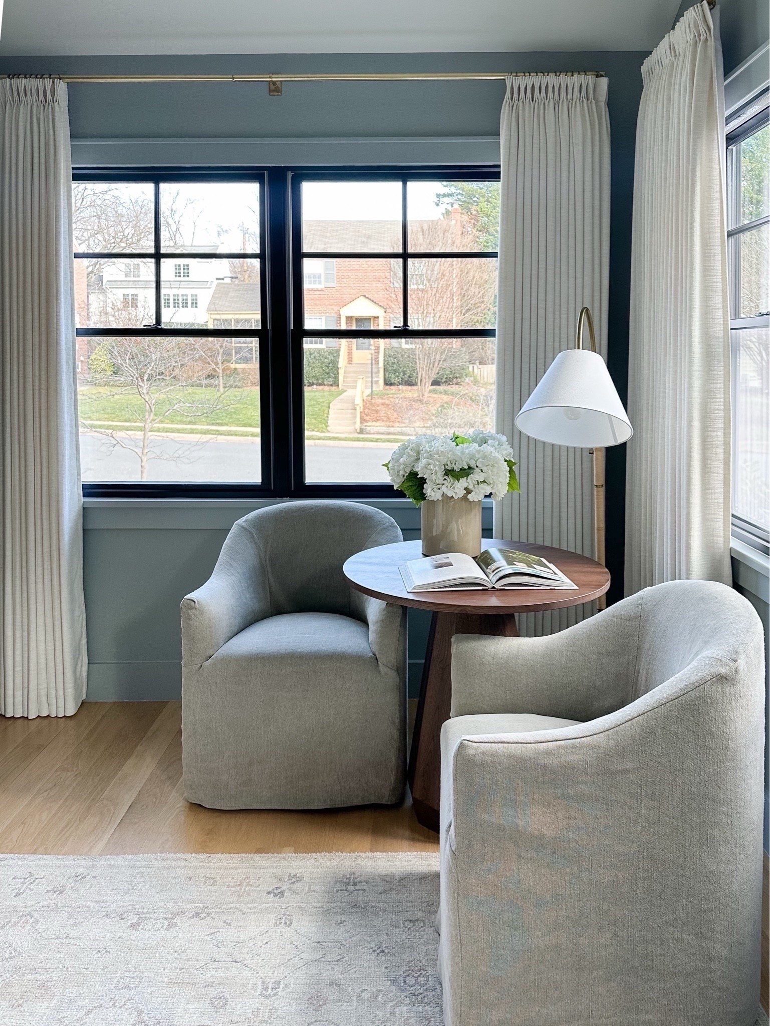 Curtain details in my office! 

Front Short Wall Window:
Fabric: Liz Linen
Color: Ivory White
Hanging Header Style: Triple Pleat
Single Panel Width: 75” wide
Single Panel Length (Height): 90” long
Lining Type: Room Darkening, Shading Rate 70%-85%
Body Memory Shaped: Yes
Number of panels: 2

Long Wall Window:
Fabric: Liz Linen
Color: Ivory White 
Hanging Header Style: Triple Pleat
Single Panel Width: 150” wide
Single Panel Length (Height) in Inch: 90” long
Lining Type:Room Darkening, Shading Rate 70%-85%
Body Memory Shaped: Yes
Number of panels: 2

Rod is a French return style rod from Walmart (it sells out quickly) but I am also linking similar brass rods to achieve the same look.

#LTKFindsUnder100 #LTKHome #LTKFindsUnder50