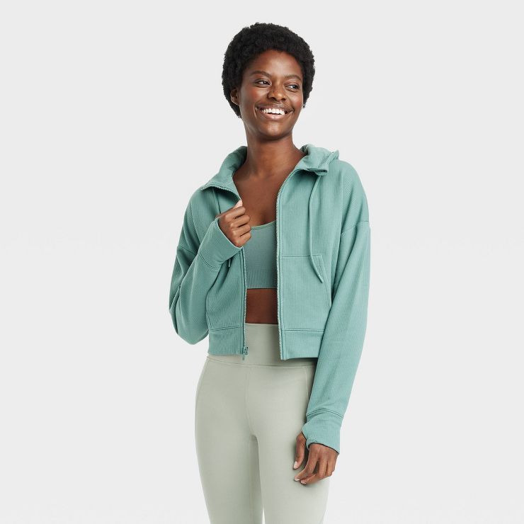 Women's Ribbed Fleece Cropped Hooded Sweatshirt - All in Motion™ | Target