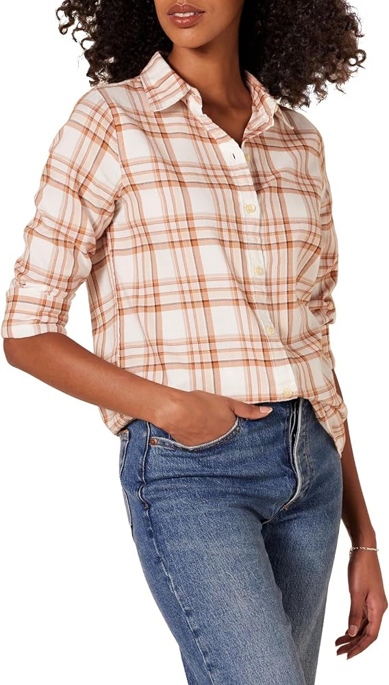 Amazon Essentials Women's Regular-Fit Long-Sleeve Lightweight Cotton Brushed Flannel Shirt | Amazon (US)