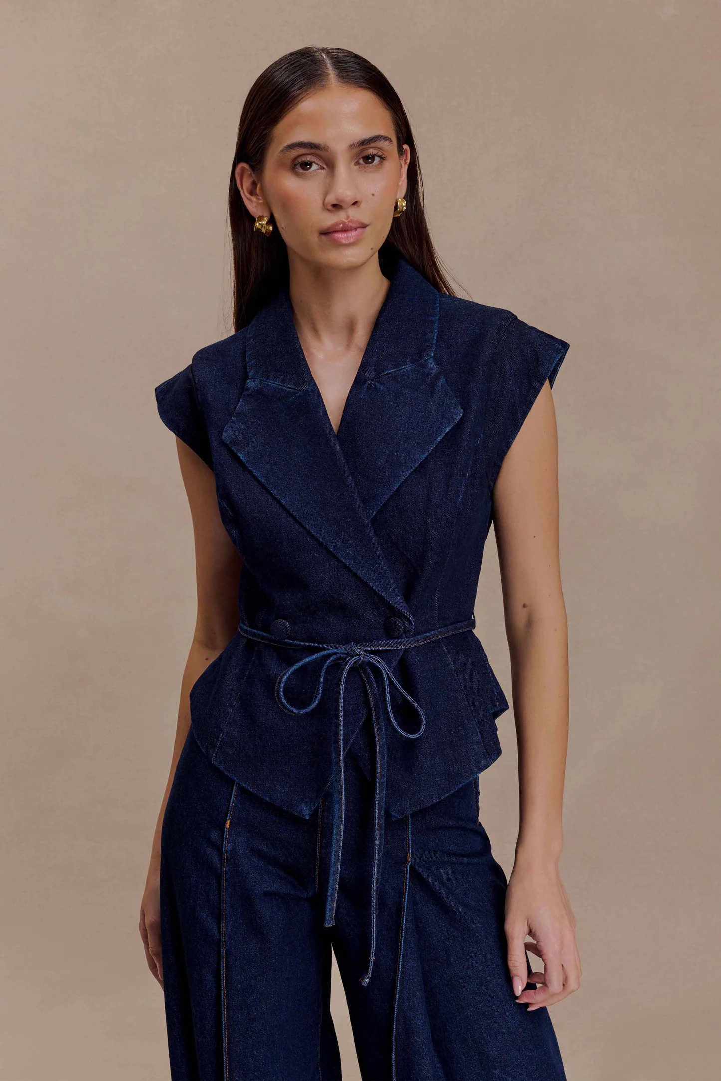 Charley Structured Tie Denim Top - Indigo Blue | MESHKI US