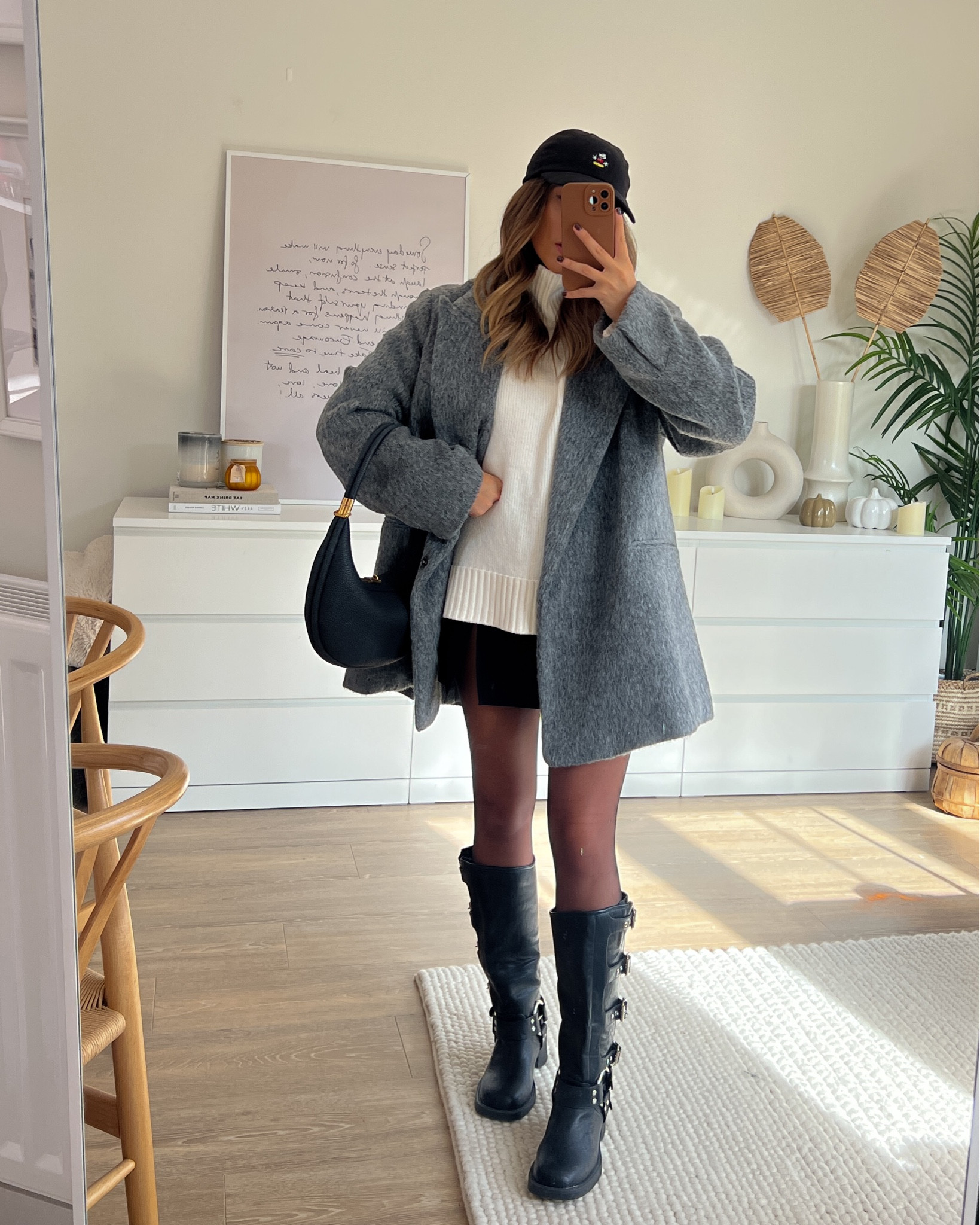 Grey brushed coat worn with black cap and oversized jumper over split hem skirt and knee high biker boots for a gorgeous autumn outfit 

#LTKeurope #LTKshoecrush #LTKfindsunder100