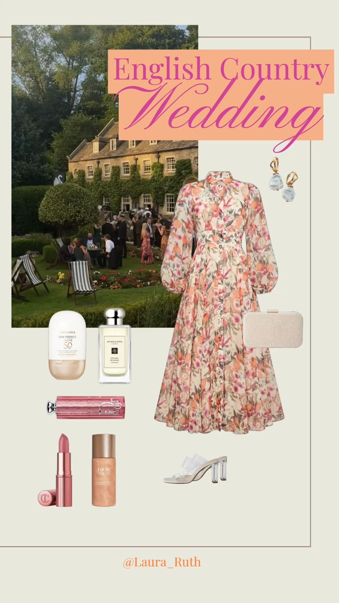 English Country Wedding Guest Outfit Idea 🥂 floaty floral summer dresses, pearl accents & soft-glam beauty for an effortlessly feminine guest look. Giving Cotswolds charm, rosé in the garden & timeless elegance 🤍🌸 

 #LTKsummer #LTKwedding #LTKdresses