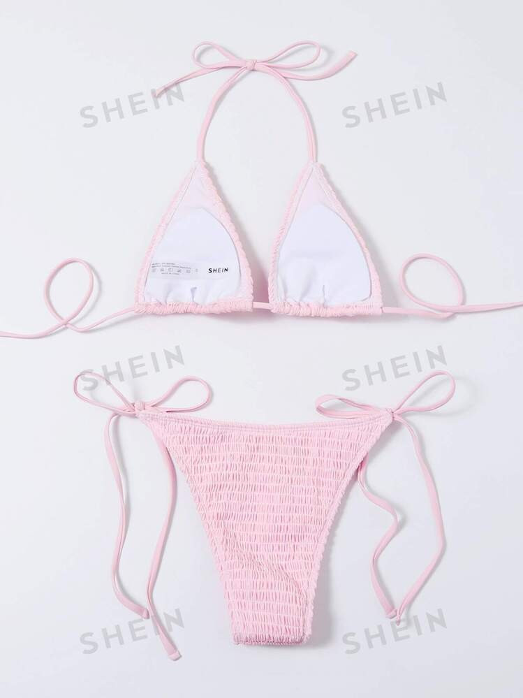 SHEIN VCAY Summer Beach Mono Bikini Set Smocked Micro Triangle Bra & Tie Side Bottom 2 Pieces Bik... | SHEIN