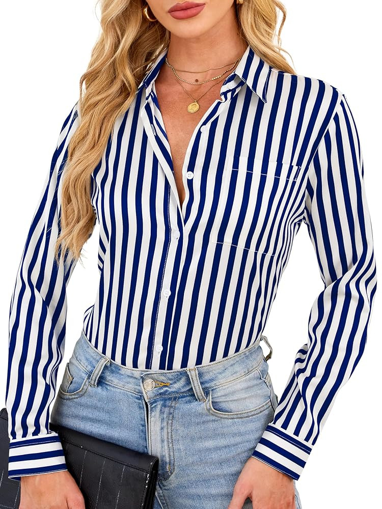 Wrinkle-Resistant Women Silky Button Down Shirts 2025 Fashion Printed Long Sleeve Blouse Dressy C... | Amazon (US)