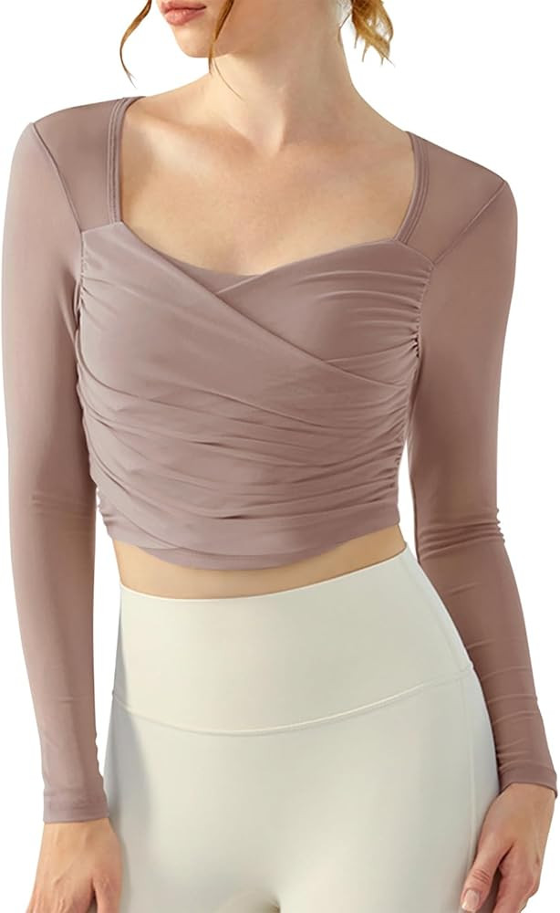 LASLULU Womens Mesh Long Sleeve Workout Tops Sexy Sweetheart Neck Double Lined Athletic Yoga Gym ... | Amazon (US)