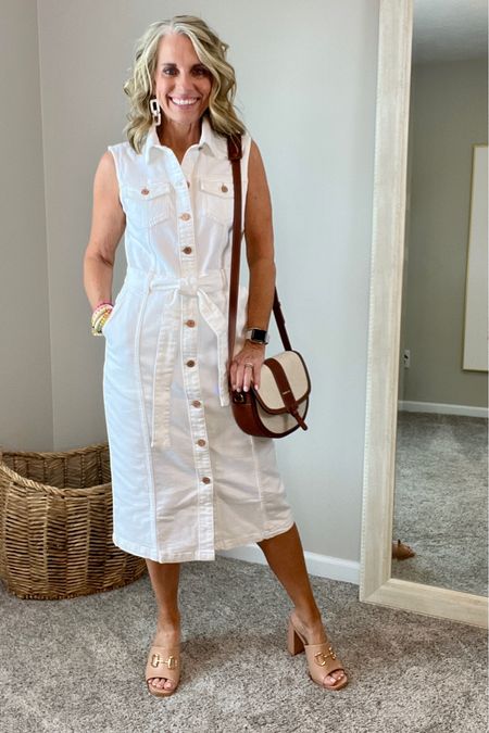 White denim shirt dress. 
Add a blazer for the office. Such a good summer find. Wearing XS   Also comes in traditional denim
White dress

#LTKfindsunder50 #LTKover40 #LTKsalealert