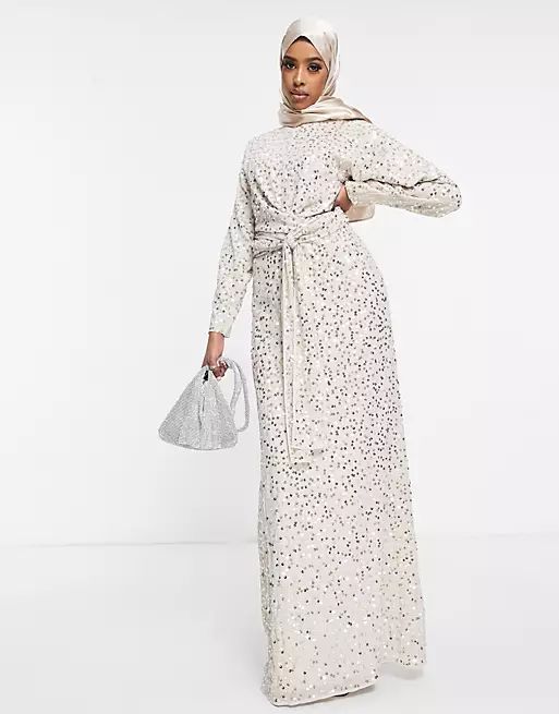 ASOS DESIGN batwing scatter embellished maxi dress in pale gold | ASOS (Global)