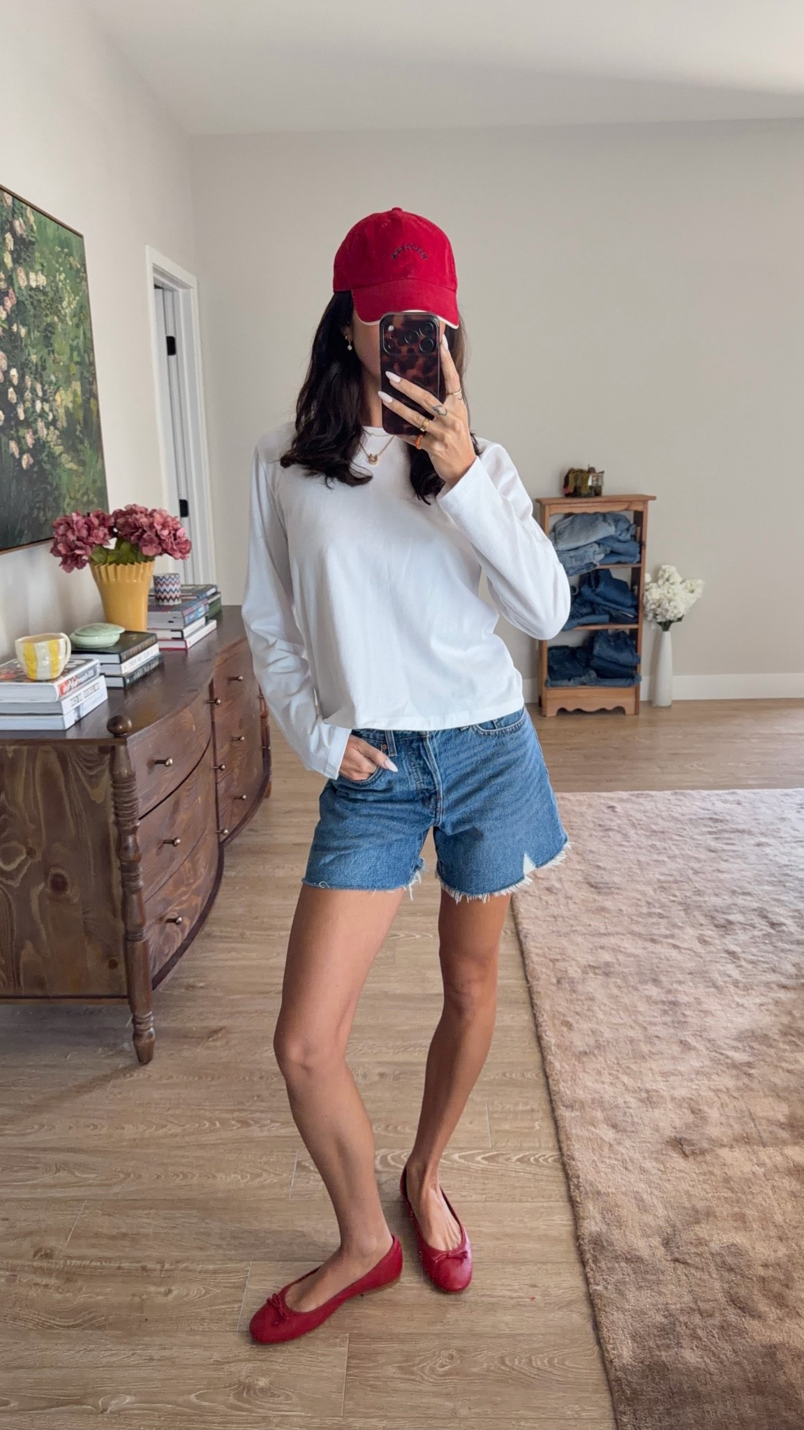 Casual summer outfit! Linked similar hat, S long sleeve and 24 in shorts! Size down .5 size in flats

#LTKsummer #LTKjeans