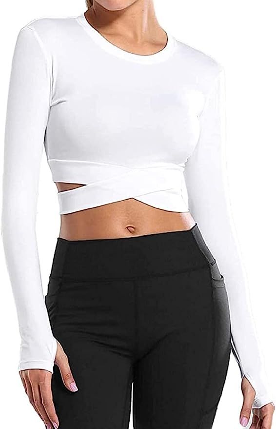 Bontierie Women Crew Neck Crop Tops Tummy Cross Long or Short Sleeve Sport Shirt for Yoga Fitness... | Amazon (US)