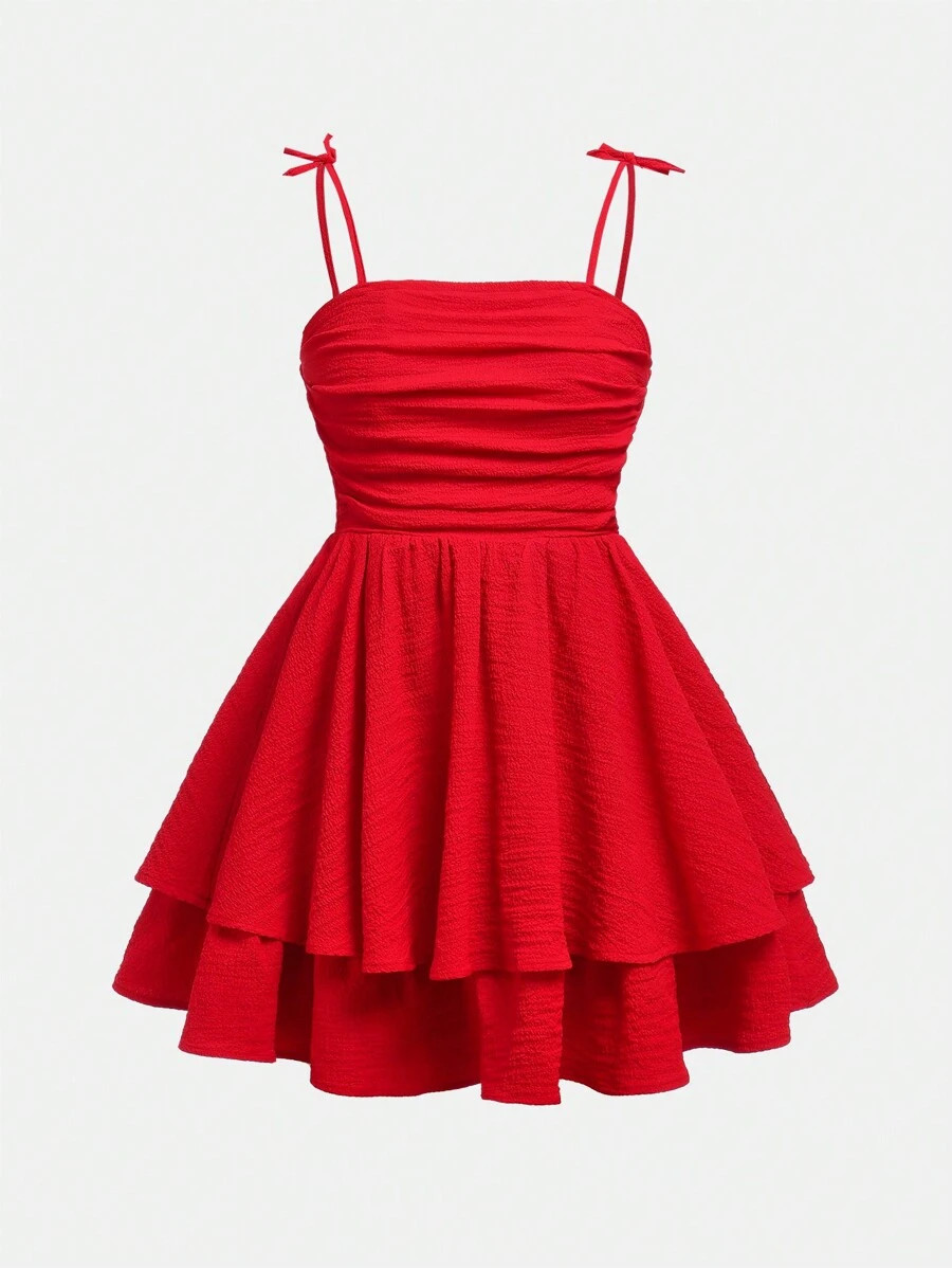 SHEIN Teen Girls  Woven Solid Bubble Crinkle Ruffled Casual Camisole Dress | SHEIN