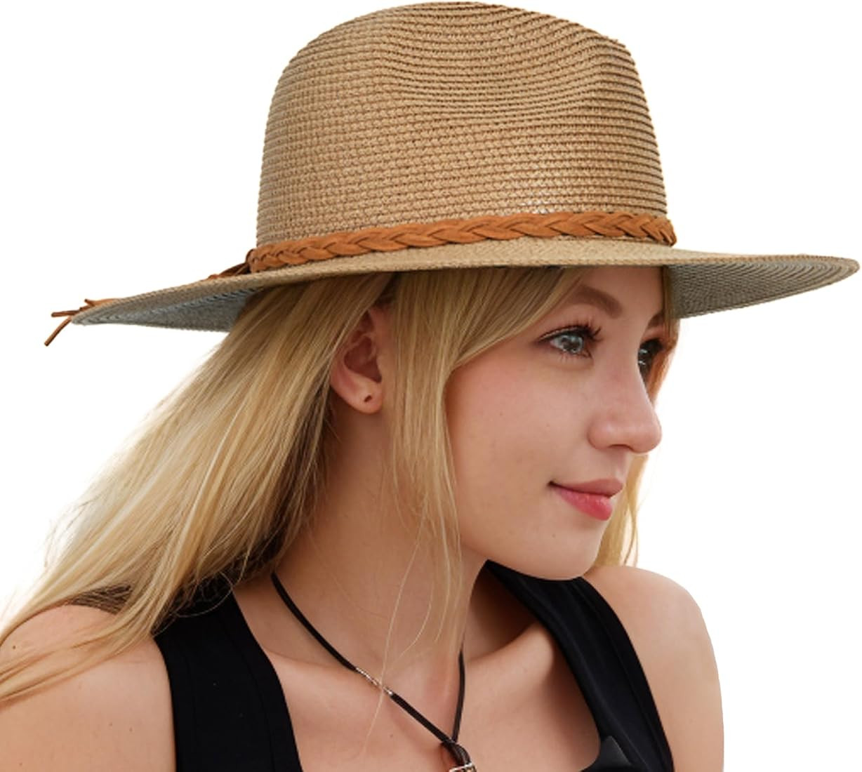 Womens Wide Brim Sun Hat with Wind Lanyard Summer Beach Straw Sun Hat for Women UPF 50+ for Trave... | Amazon (US)