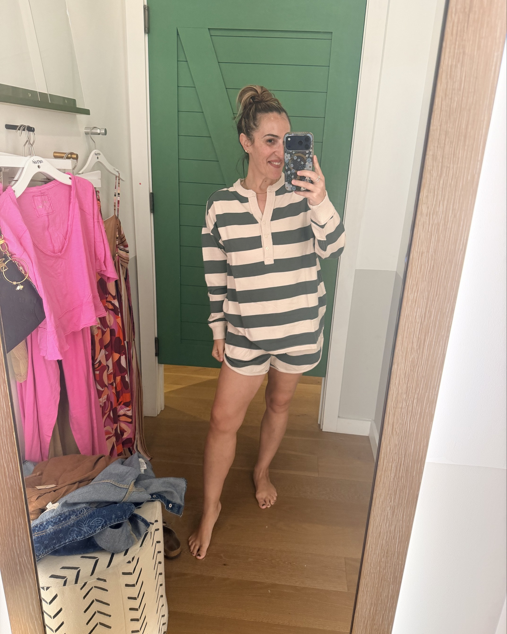 Brand new arrivals at @Aerie sooo much good stuff! I absolutely love the colors and the materials! 

Sizes:
Striped top small, shorts medium
Pink set top small, Pants medium but need a small
Dress size medium
Khaki set both medium, pants could do small
Colorful set both medium