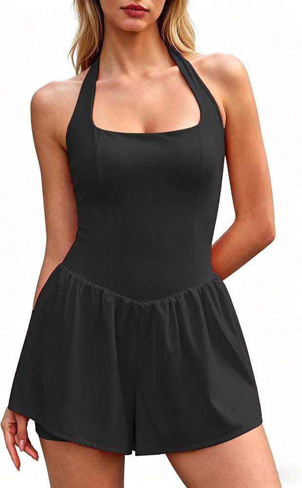 QINSEN Women's Halter Square Neck Romper Sleeveless Double Lined Jumpsuit Casual One Piece Outfit... | Amazon (US)