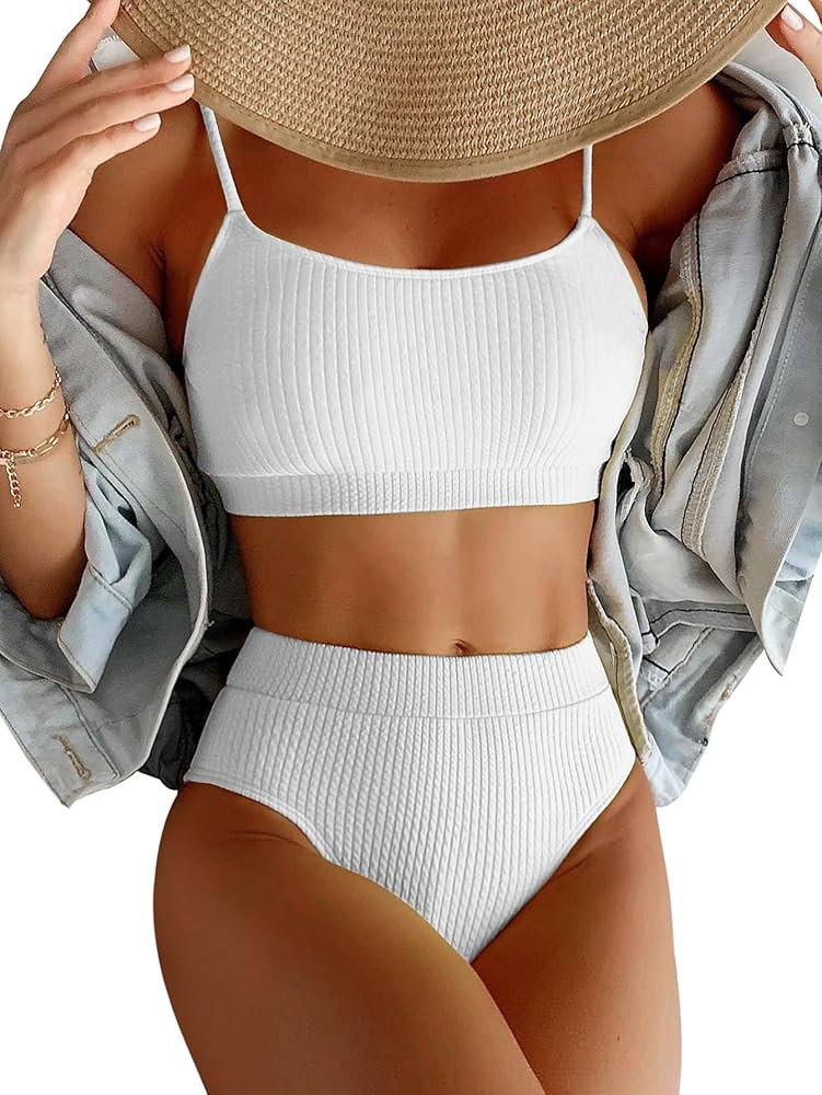 Lilosy High Waisted Tummy Control Ribbed Bikini Crop Top Brazilian Swimsuit Set 2 Piece | Amazon (US)