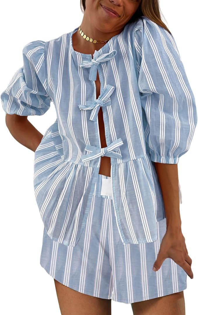 Winioder Women Y2K Striped 2 Piece Lounge Sets Puff Sleeve Tie Front Tops and Shorts Sets Summer ... | Amazon (US)