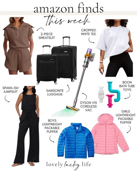 amazon finds & faves from lovelyluckylife

2-piece shorts sweatsuit
spanx-ish jumpsuit
kids lightweight packable puffers
boon bath tube toys
top open luggage set
dyson v15
cropped white tee


#LTKhome #LTKstyletip #LTKkids