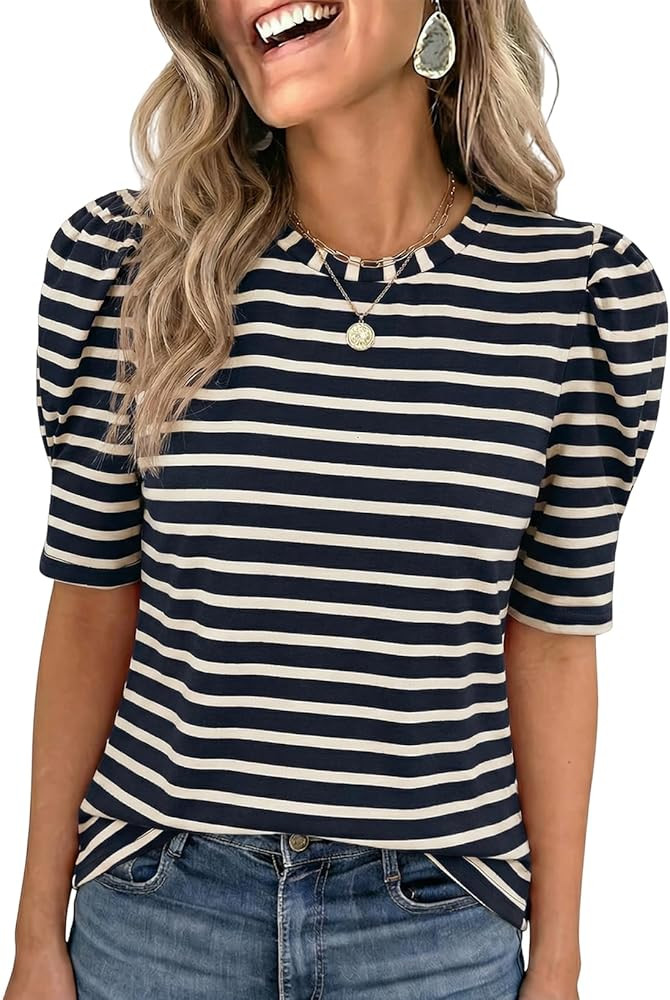 Dokotoo Women's Casual Short Puff Sleeve Crew Neck Striped T Shirts Summer Tops | Amazon (US)