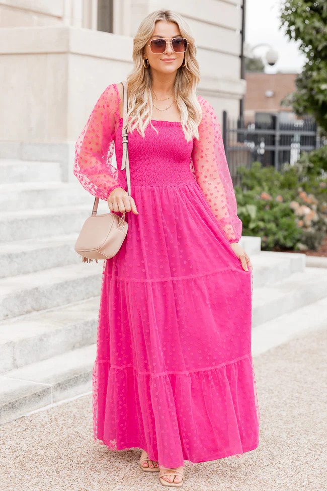 Figuring It Out Hot Pink Off The Shoulder Daisy Mesh Tiered Maxi Dress | Pink Lily