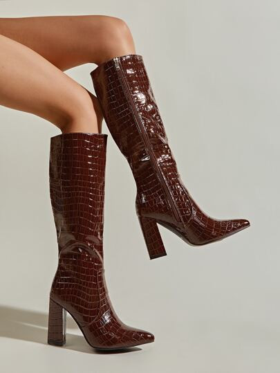 Crocodile Embossed Side Zipper Heeled Boots | SHEIN