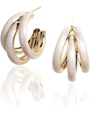 Sonateomber Chunky Open C Triple Hoop Statement Stud Earrings for Women - Fashion Trendy Cute Lar... | Amazon (US)