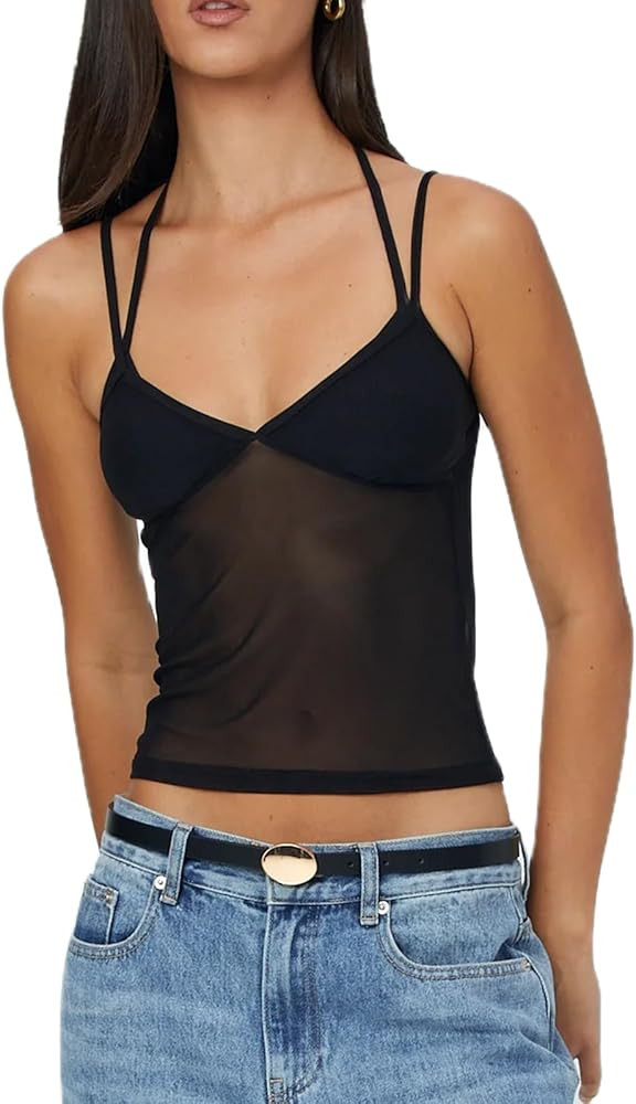 Women Y2k Spaghetti Strap Camisole Crop Top Deep V Neeck Slim Fitted Vest Going Out Shirt Tank To... | Amazon (US)