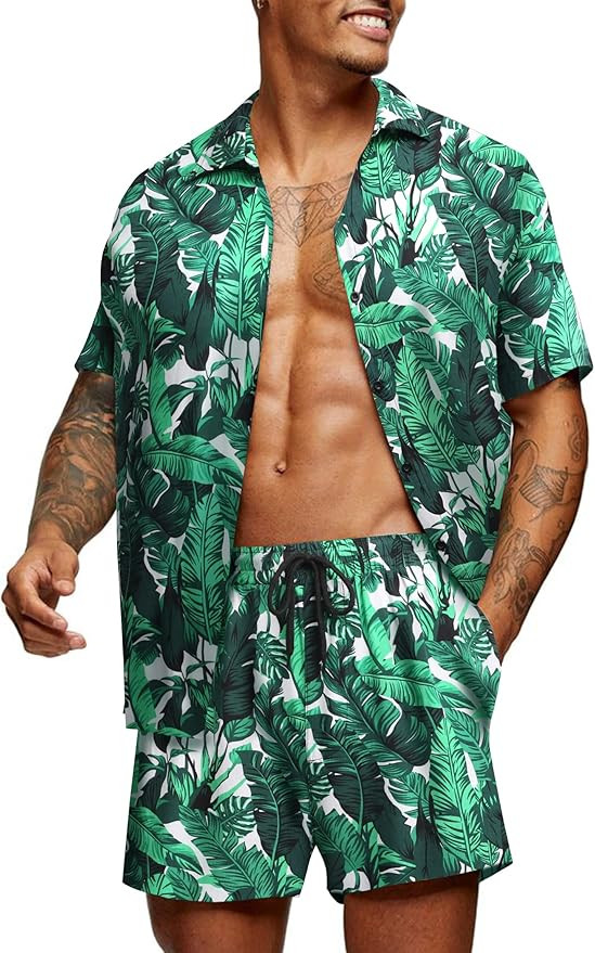 COOFANDY Men's Hawaiian Matching Set Summer Beach 2 Piece Outfits Flower Shirts and Shorts | Amazon (US)