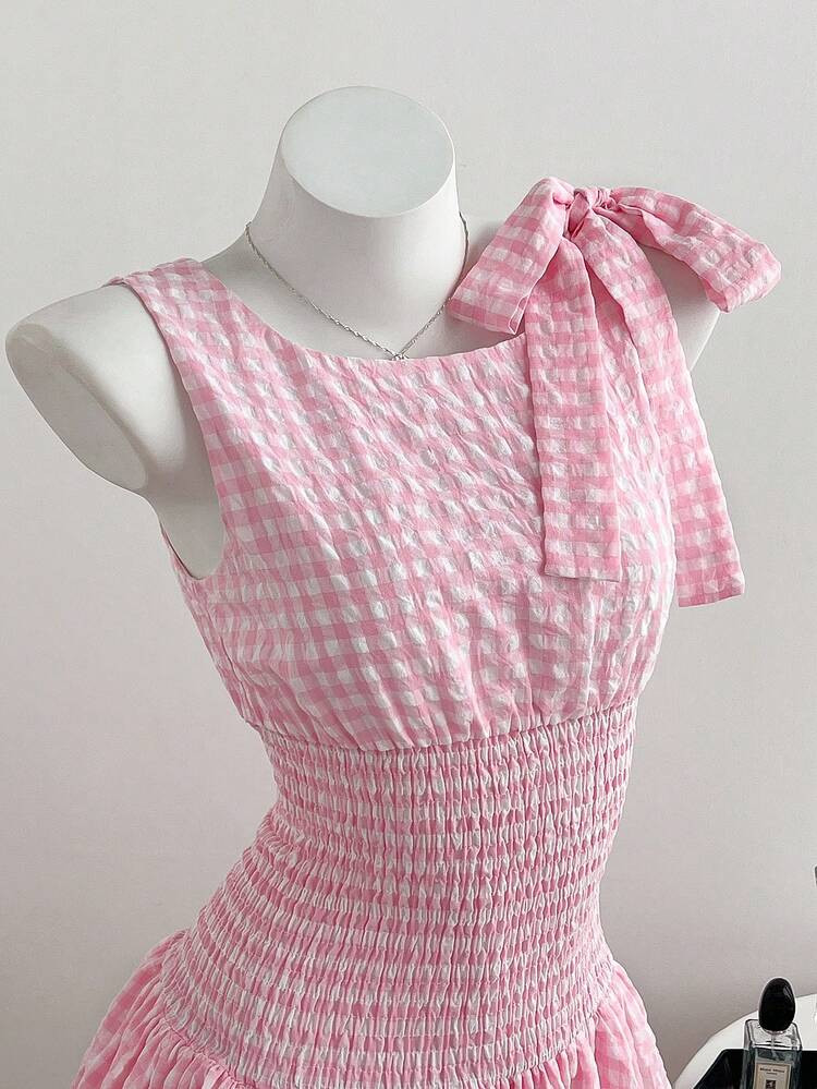 Elamini Women's Pink Plaid Bow Tie Waist Ruffle Hem Dress, Suitable For Dates, Picnics, Vacations, Versatile | SHEIN