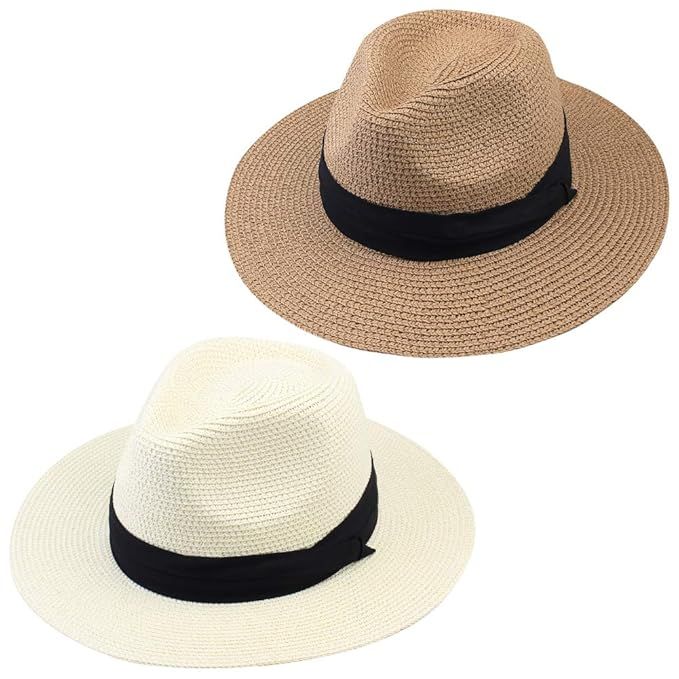 FURTALK Panama Hat Sun Hats for Women Men Wide Brim Fedora Straw Beach Hat UV UPF 50 | Amazon (US)