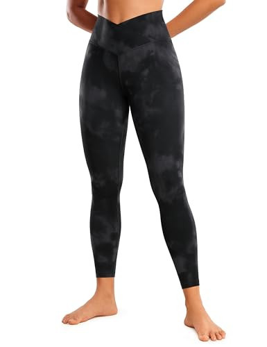 CRZ YOGA Butterluxe Crossover Waist Leggings 25" - V Crossover High Waisted Gym Workout Yoga Womens Black Tie Dye Flowers Large | Amazon (US)