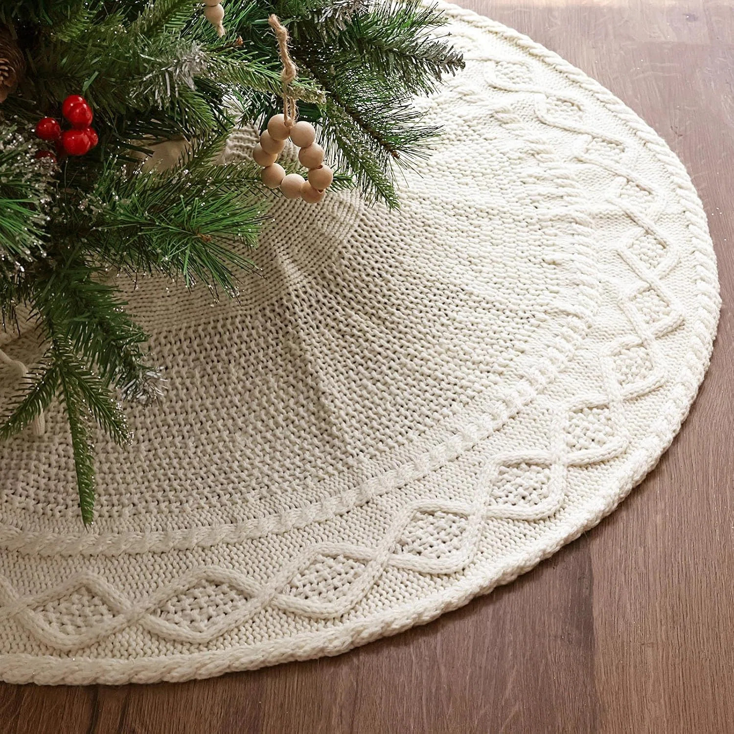 Bunny Chorus Knitted Christmas Tree Skirt: 36 Inches Cream White Tree Skirt, Diamond Edge Cable K... | Wayfair North America