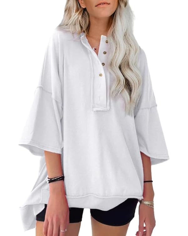 SHEWIN Women's Fashion Oversized T Shirts Casual Short Sleeve Henley Neck Summer Tops Tees | Amazon (US)