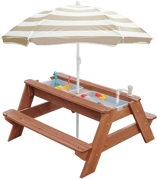 Kids 3-in-1 Sand & Water Table, Wood Outdoor Convertible Picnic Table w/Umbrella, 2 Trays, Remova... | Amazon (US)