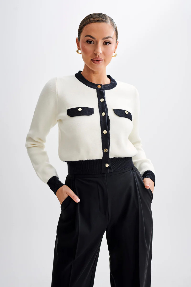 Tabitha Contrast Knit Cardigan - Ivory | MESHKI US