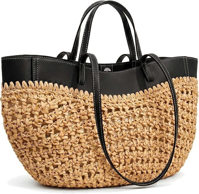 Straw Beach Bags for Women, Boho Summer Purse Tote with PU Shoulder Strap | Amazon (US)