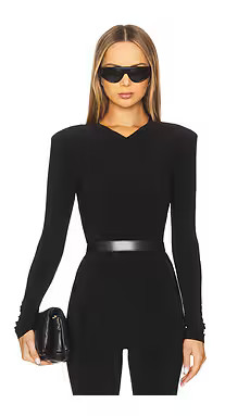 Norma Kamali Long Sleeve Shoulder Pad V Neck Top in Black from Revolve.com | Revolve Clothing (Global)