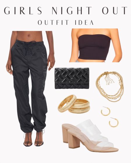 Concert outfit idea Bachelorette party black theme outfit girls night outfit ladies night outfit black cargo pants clear sandals clear beers gold bangles gold hope earrings black clutch black wallet gold necklace stack gold jewelry black tub top outfit cargo pants outfit festival outfit  bride or die theme outfit 

#LTKFestival #LTKstyletip #LTKSeasonal