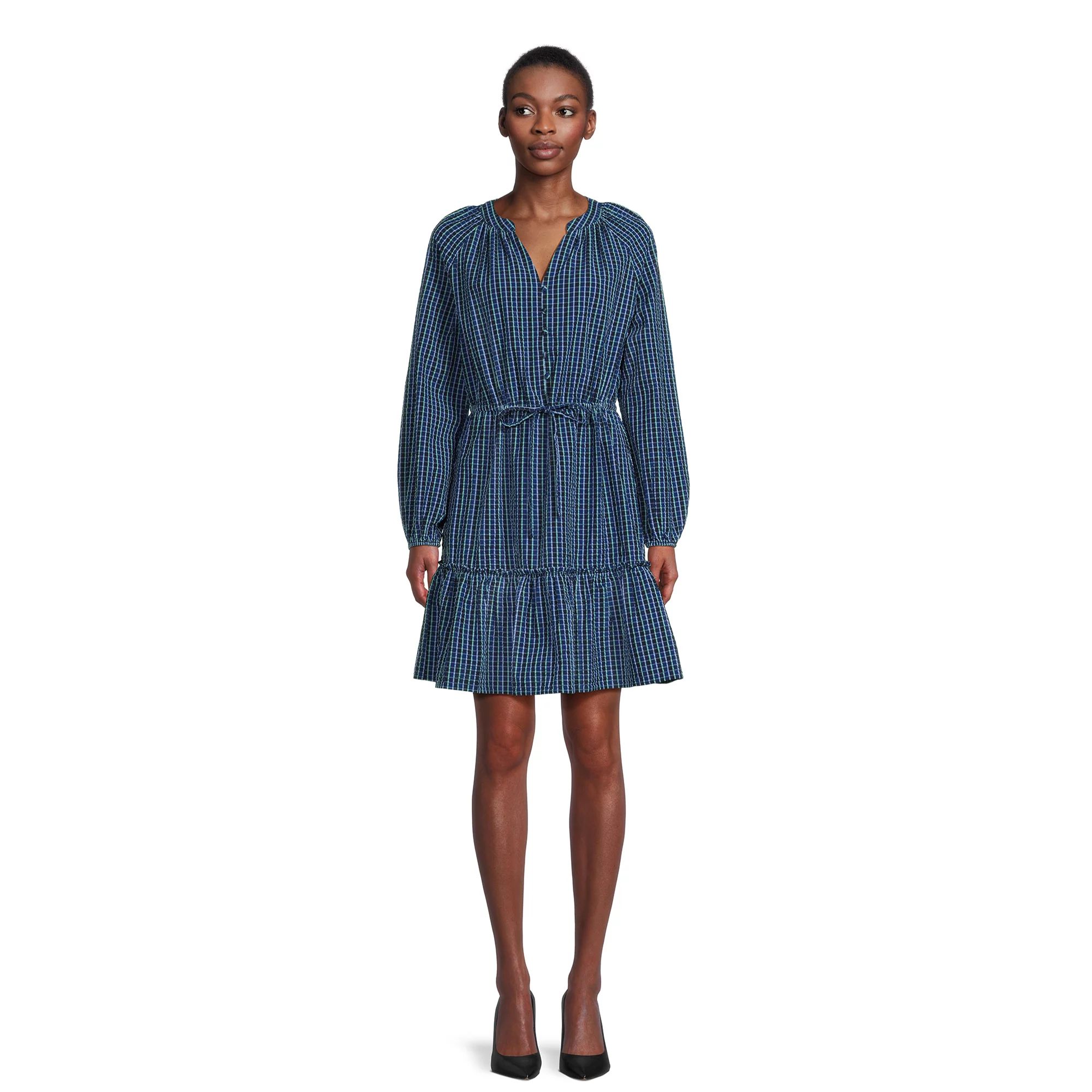 Time and Tru Women's Long Sleeve Micro Plaid Dress | Walmart (US)