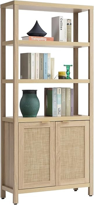 SICOTAS Bookshelf 5 Tier Book Shelf Rattan Boho 71" Tall Bookcase with Doors Storage Shelves Larg... | Amazon (US)