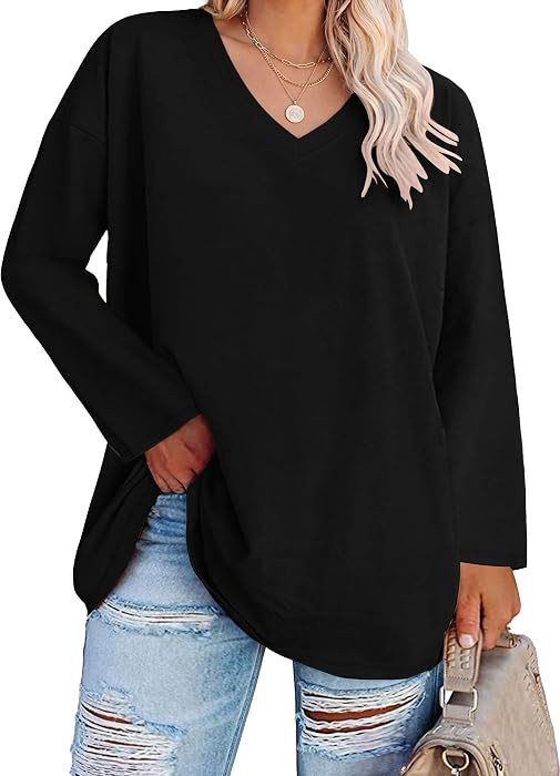 Womens Plus Size Long Sleeve Tops V Neck Oversized T Shirts Basic Tee | Amazon (US)