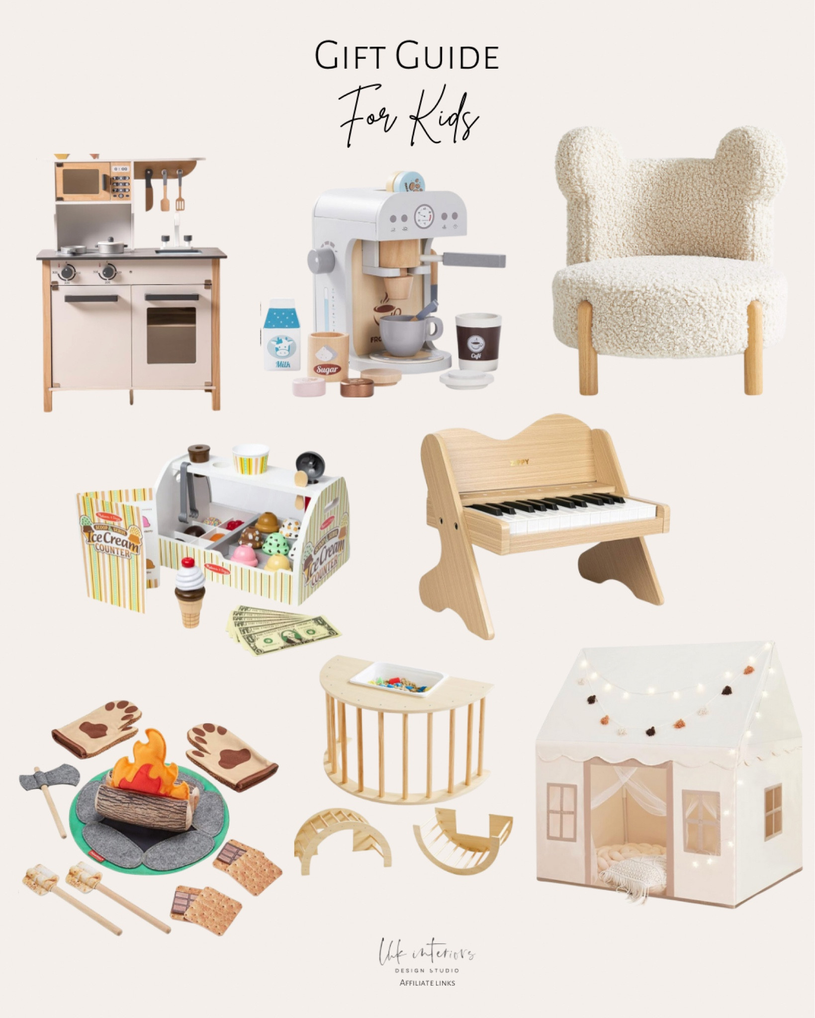 Gift Guide for Kids 

Zippy kids piano keyboard / large kids tent with mat / fisher - price pretend play s’more fun campfire / kids play kitchen play set / be right 5 in 1 climbing arch sensory table for kids / kids coffee maker play set /kids Sherpa  bear chair / Melissa & Doug wooden scoop and serve iced cream counter 

#LTKHoliday #LTKGiftGuide #LTKkids