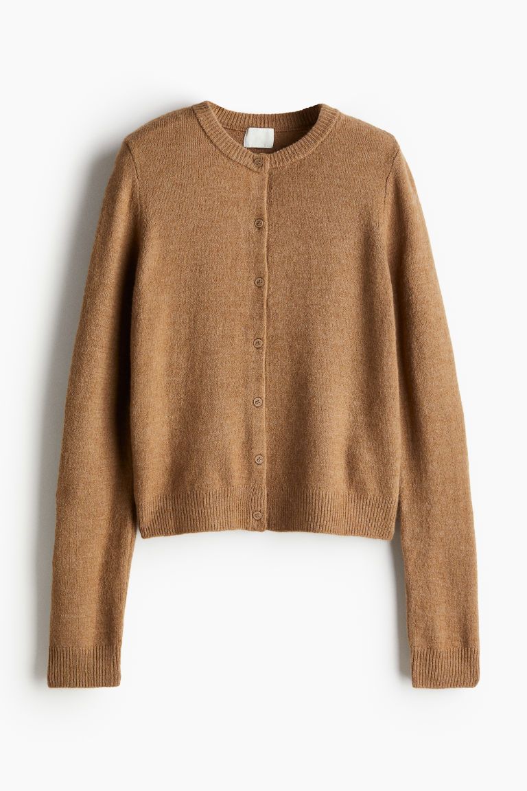 Knit Cardigan - Round Neck - Long sleeve - Dark beige melange - Ladies | H&M US | H&M (US + CA)