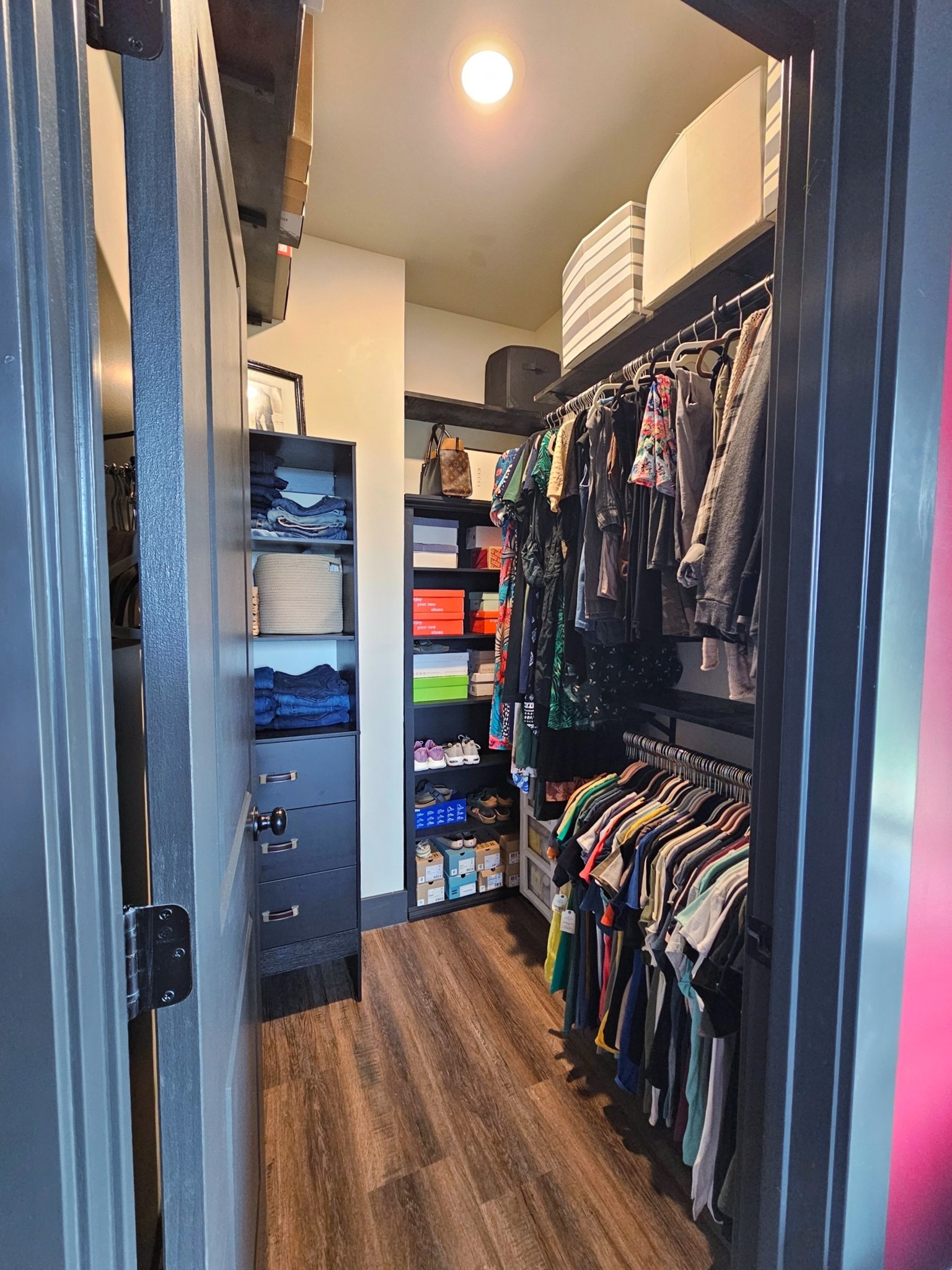 Master Closet Organization & Storage Must-Haves

Transforming a walk-in closet into a functional, organized space! Sharing all of my favorite closet organization essentials to maximize small space storage. From non-slip velvet hangers that save hanging space to fabric storage bins with handles for top-shelf seasonal storage.

My go-to dark wood shelving unit, black dressers, and custom shoe display shelves keep everything accessible—including everyday sneakers, heels, folded denim jeans, and luxury handbags. If you're planning a closet refresh, home organization project, or closet system upgrade, shop all the closet organizers, closet racks, and storage solutions linked here.

#LTKHome

#LTKFindsUnder50

#LTKStyleTip

#closetorganization

#closetgoals

#homeorganization

#storage solutions

#amazonhome

Hanging & Closet Systems: Slim velvet hangers, non-slip clothing hangers, double closet hanging rods, dark wood closet organizers, built-in shelving tower.

Storage Bins & Baskets: Fabric storage bins with leather handles, striped fabric shelf bins, top shelf storage containers, cloth cube storage.

Shoe & Accessory Storage: Shoe display shelf, shoe cubbies, purse display shelf, luxury handbag storage.

Furniture & Fixtures: Black 3-drawer closet dresser, dark wood laminate flooring, flush mount ceiling light fixture. 

 #LTKHome
