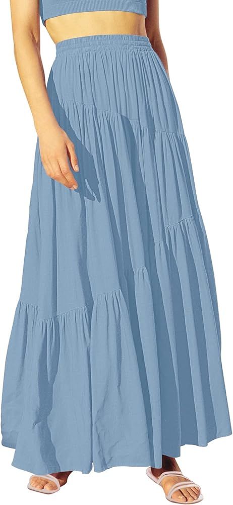 ANRABESS Women’s Boho Elastic High Waist Pleated A-Line Flowy Swing Asymmetric Tiered Maxi Long... | Amazon (US)