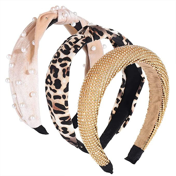 Bling Wide Headbands Cross Knot Turban Leopard Print Pearl Rhinestone Headband Head Wrap Elastic ... | Amazon (US)