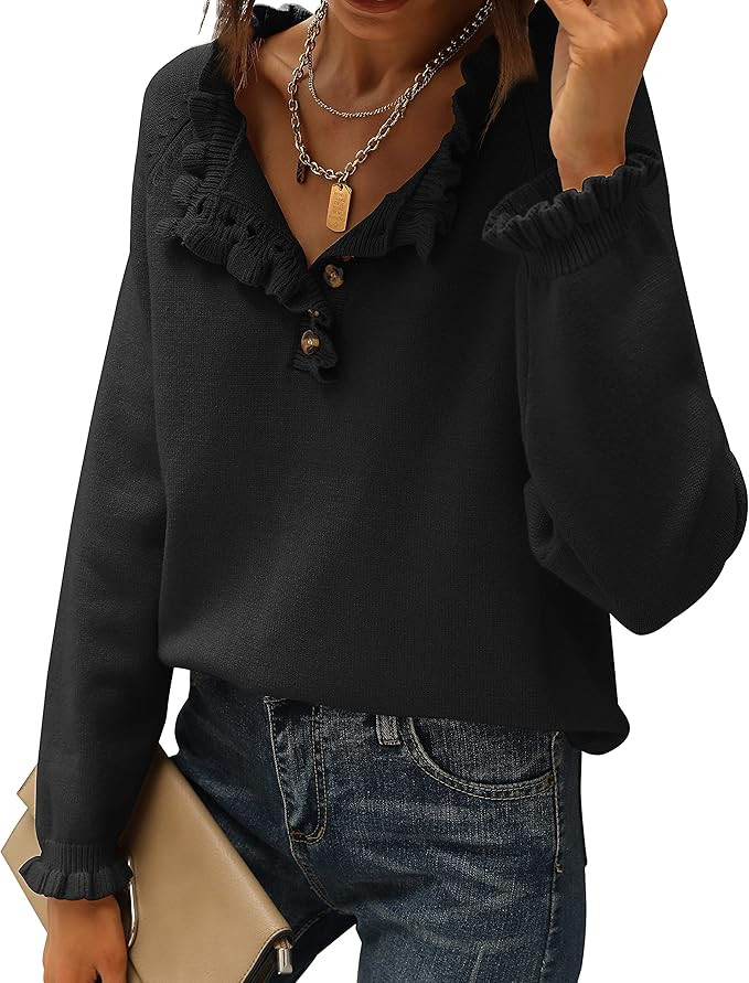 BTFBM Women's Sweaters Casual Long Sleeve Button Down Crew Neck Ruffle Knit Pullover Sweater Tops... | Amazon (US)