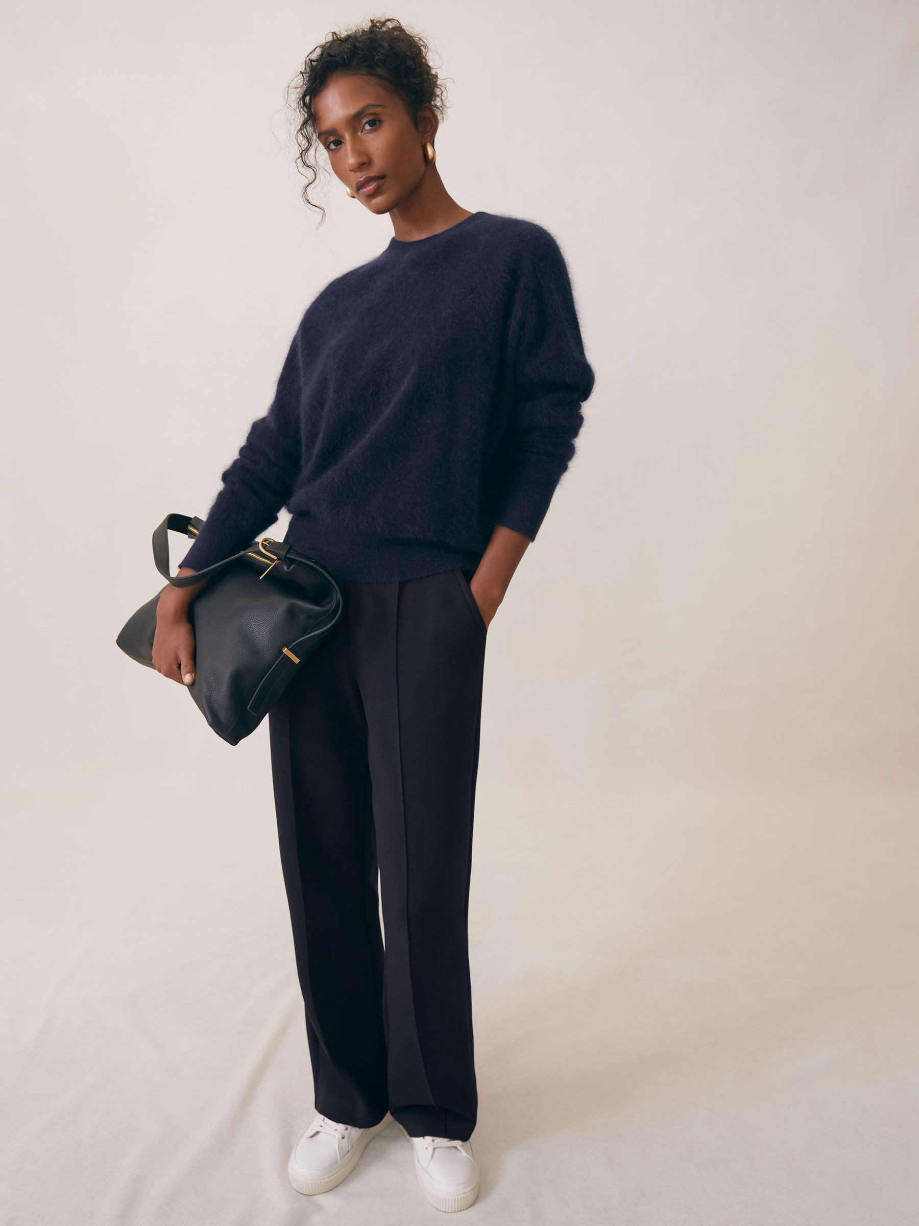 Modal-Blend Interlock Wide-Leg Joggers in Navy | Reiss UK