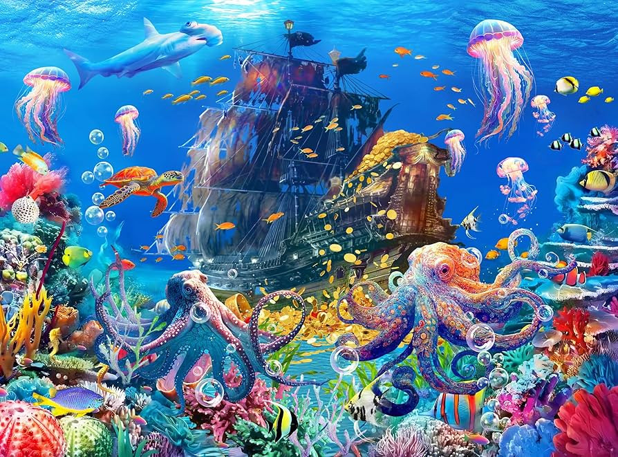 Jigsaw Puzzles 1000 Pieces for Adults ，Families Puzzle Sea World Octopus Pirate Ship Treasure G... | Amazon (US)